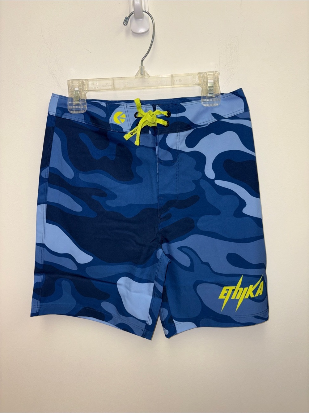 ethika Blue Camouflage Swim Shorts with Neon Yellow Accents